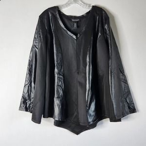 Ashley Stewart Black Pleather Scuba Tunic Top Flare 3/4 Sleeves V Neck Swing New